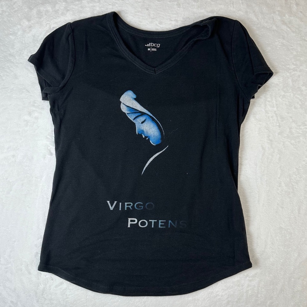 BCG Virgo Potens Virgin Mary Graphic V-Neck T-Shirt Black Medium Short Sleeve
